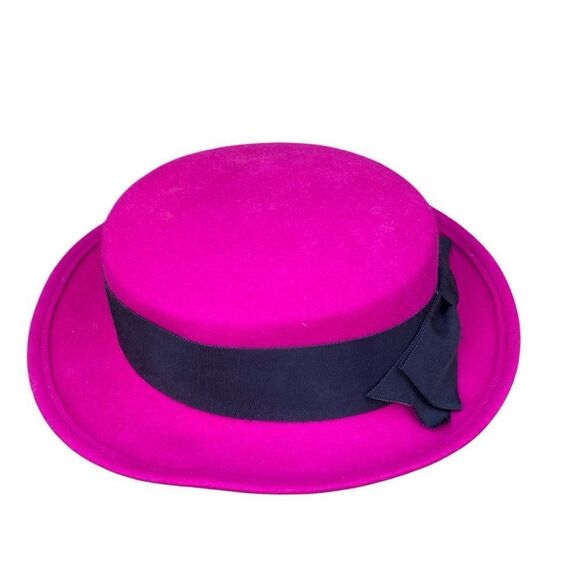 Vintage Fuchsia Pink Hat WPL 4384 100% Wool USA w/Black Bow Band Derby - Picture 4 of 6